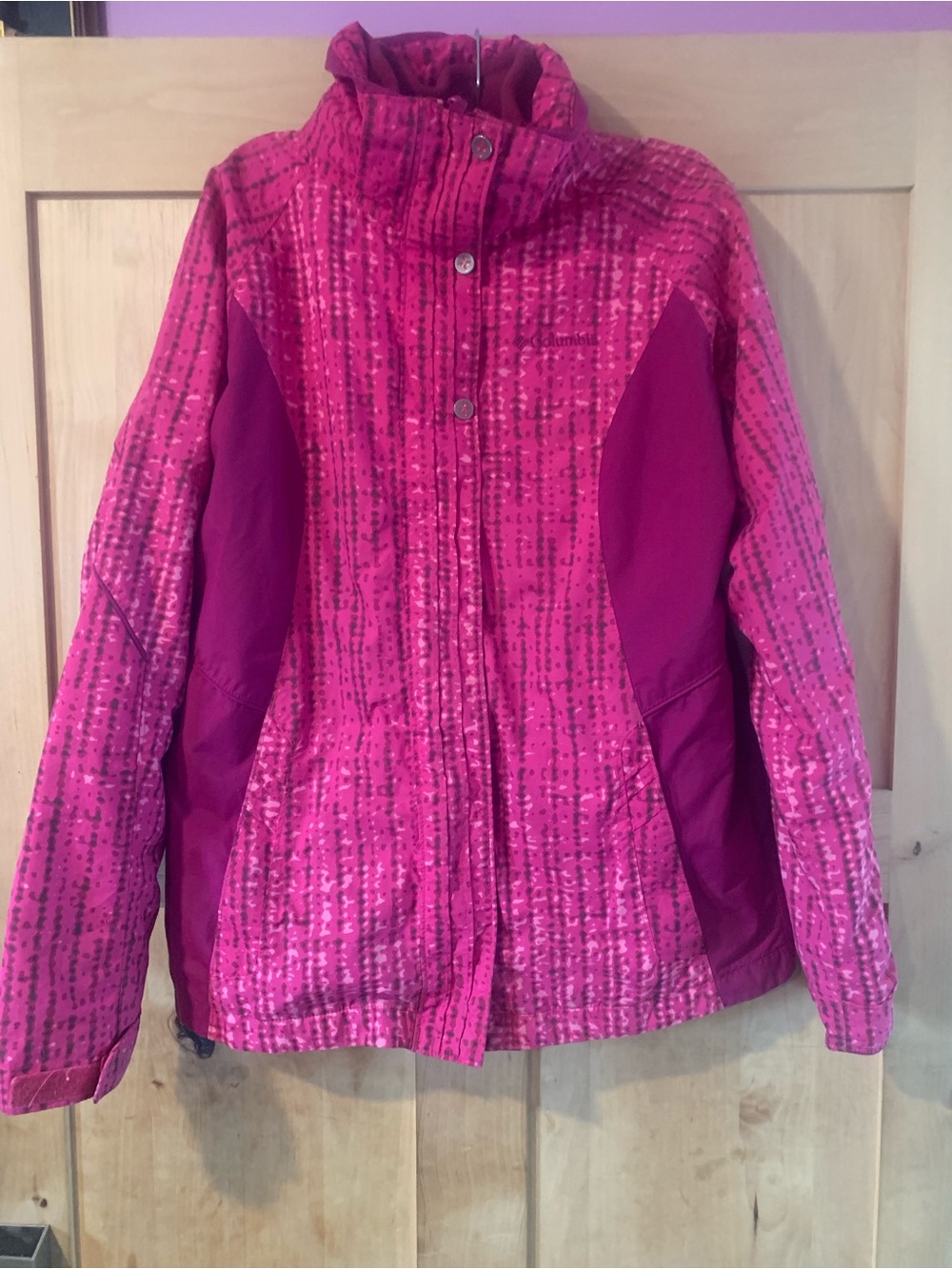 Girl's Columbia Pink & Magenta Omni-Tech Interchange Patterned Puffer Jacket